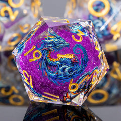 Roycevon dragon-pattern DND dice set on display for collectors and players.
