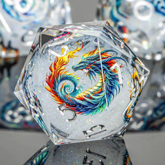 Roycevon Dragon Pattern Liquid Core DND Dice Set D20 close-up highlights crisp readability