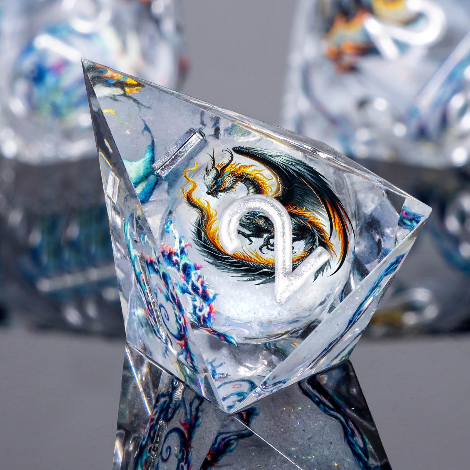Roycevon Dragon Pattern Liquid Core DND Dice Set D4 close-up showing smooth edges