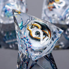 Roycevon Dragon Pattern Liquid Core DND Dice Set D4 close-up showing smooth edges