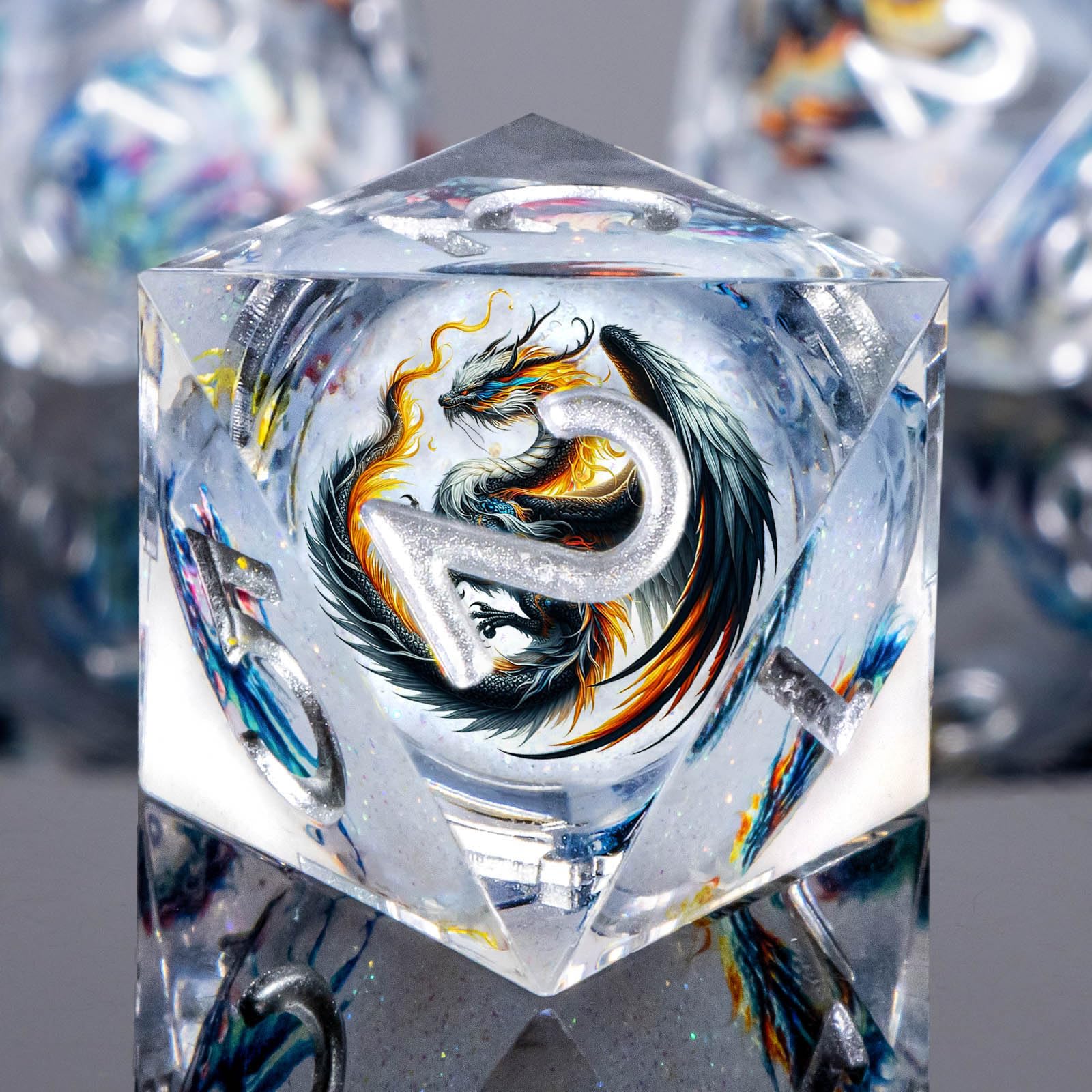 Roycevon Dragon Pattern Liquid Core DND Dice Set D6 close-up on white resin