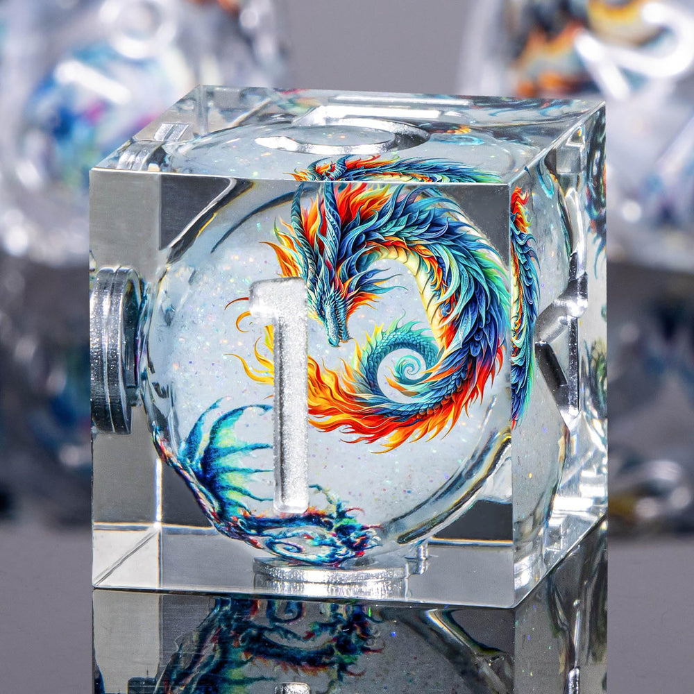 Roycevon Dragon Pattern Liquid Core DND Dice Set D8 close-up with tactile feel