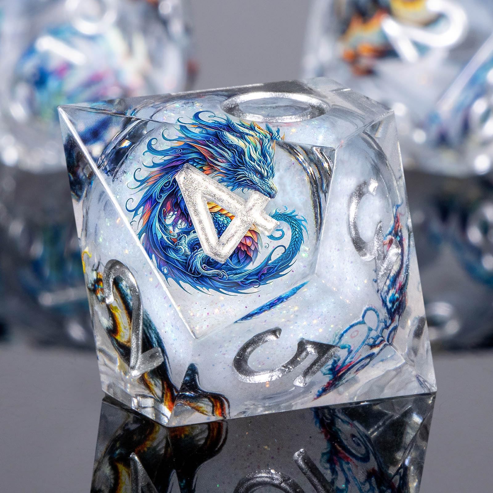 Roycevon Dragon Pattern Liquid Core DND Dice Set sharp edges close-up
