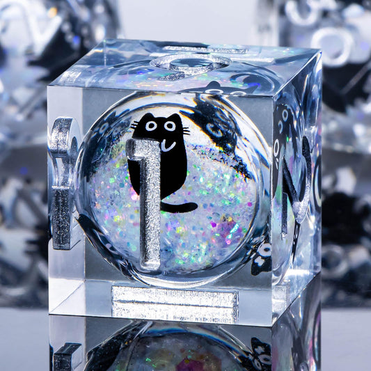 Roycevon liquid-core cat dice close-up showing clear surface and color.