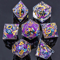 Roycevon purple resin dice close-up with vibrant color and tactile appeal.