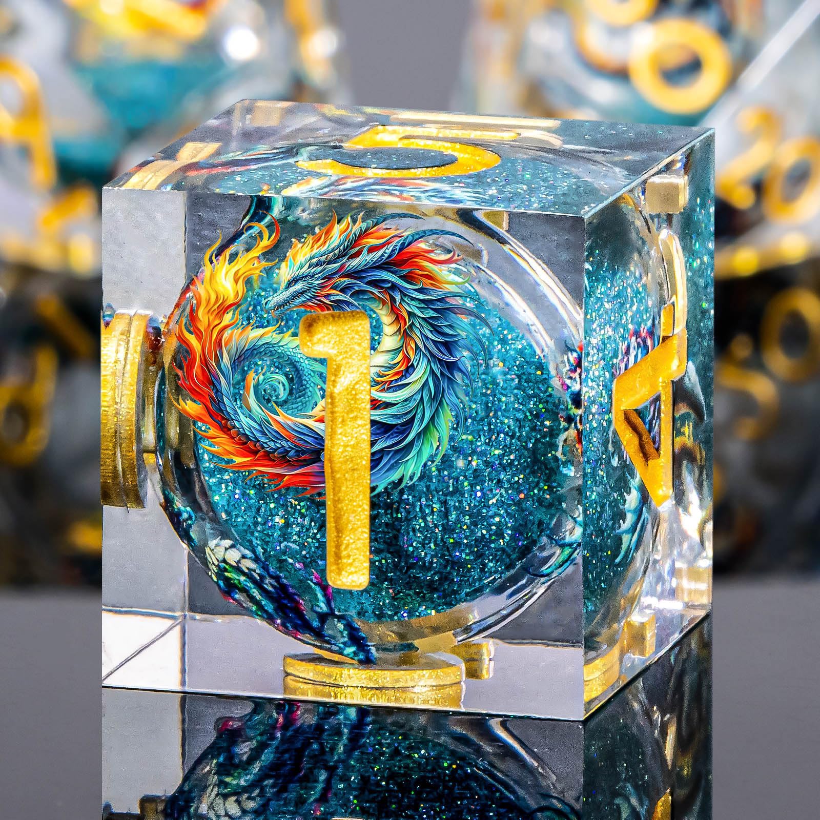 Roycevon resin DND dice in blue highlight precise balance for fair rolls.
