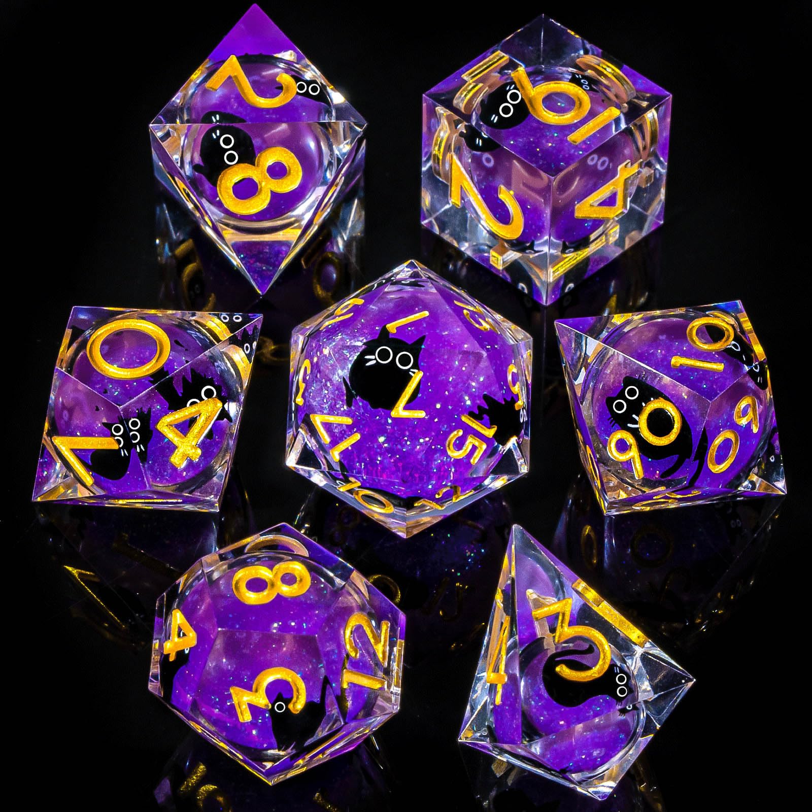 Roycevon resin cat DND dice with liquid core for dramatic D12 visuals.