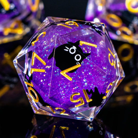 Roycevon resin cat DND dice with liquid core for immersive D20 rolls.