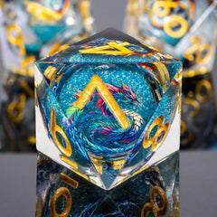 Roycevon multi-dice close-up shows D4–D12 range for reference.