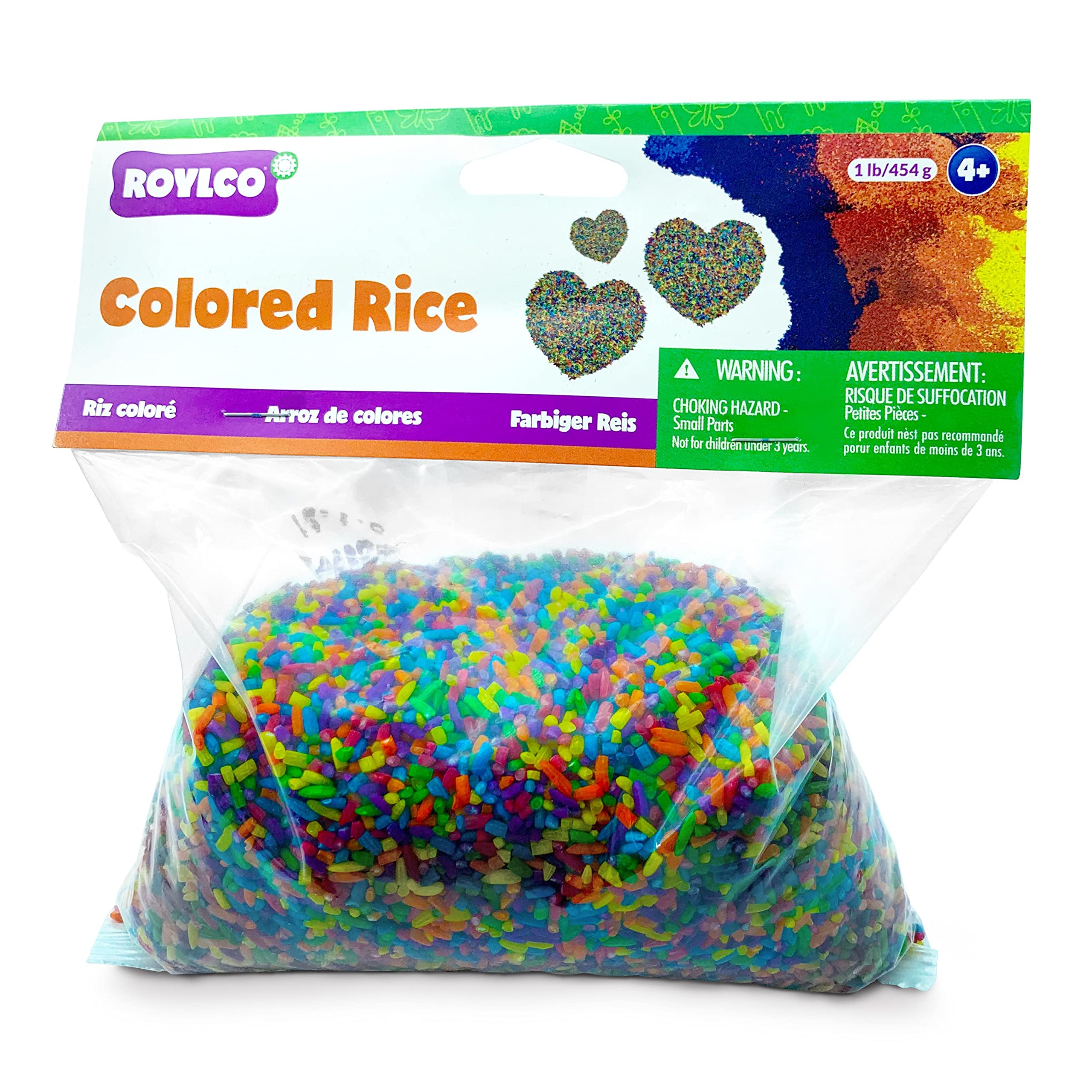 Roylco colored rice 1 lb box; easy cleanup for crafts.