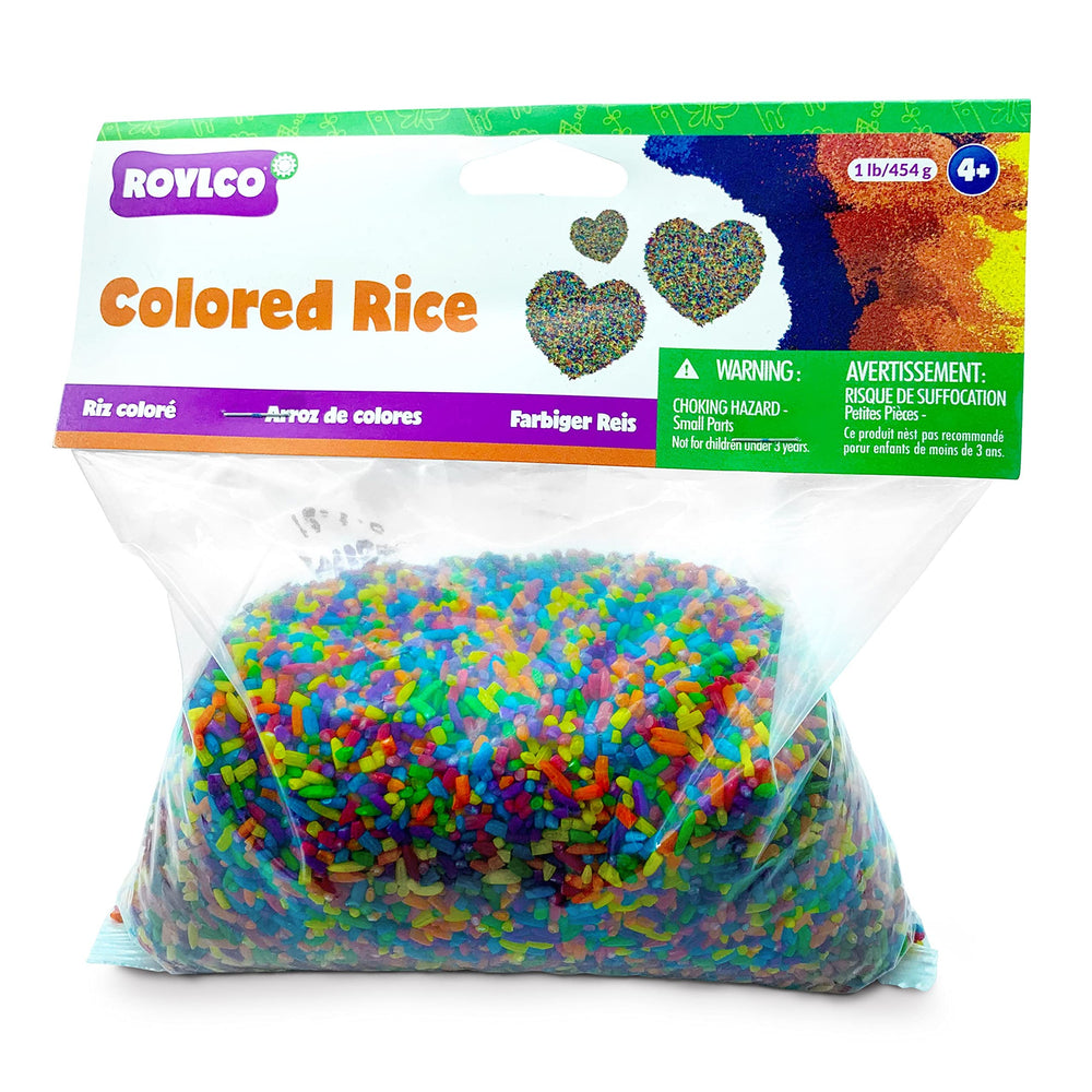 Roylco colored rice 1 lb box; easy cleanup for crafts.