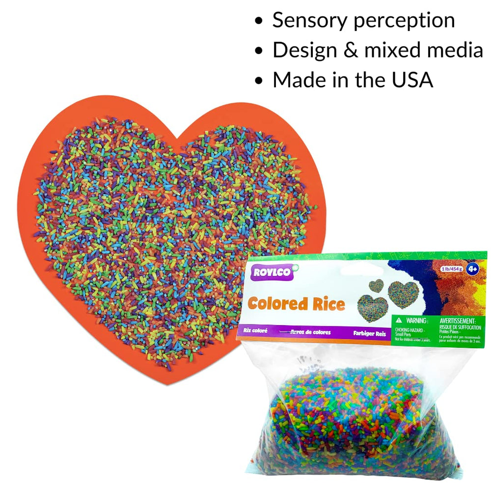 Roylco colored rice pours for creative projects; vibrant hues inspire sensory play.
