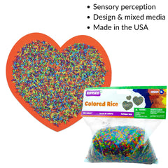 Roylco colored rice pours for creative projects; vibrant hues inspire sensory play.