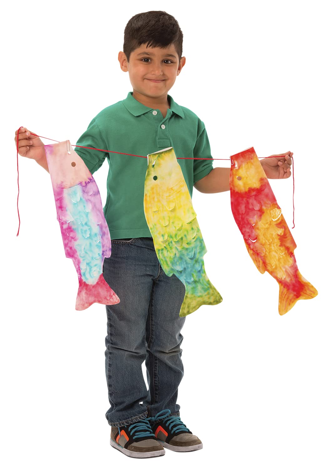 Roylco windsock display with colorful carp shapes brightens home or classroom decor.