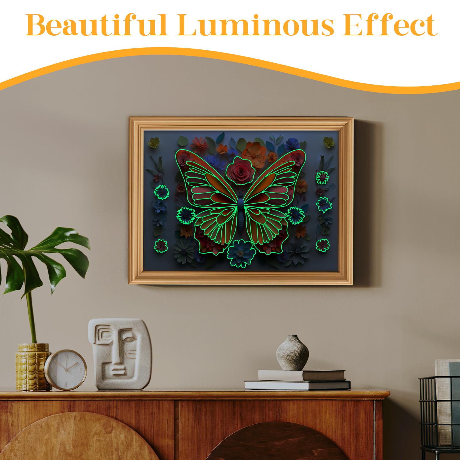 R RUCKERCO noctilucous butterfly wing accents glow subtly.