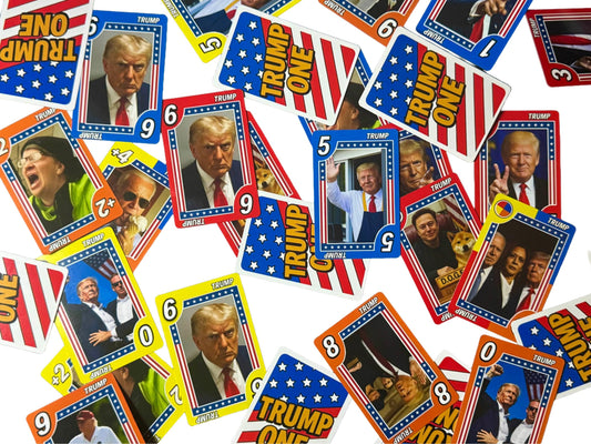 RTE Games Trump ONE Card Game bold artwork sparks conversation during parties.