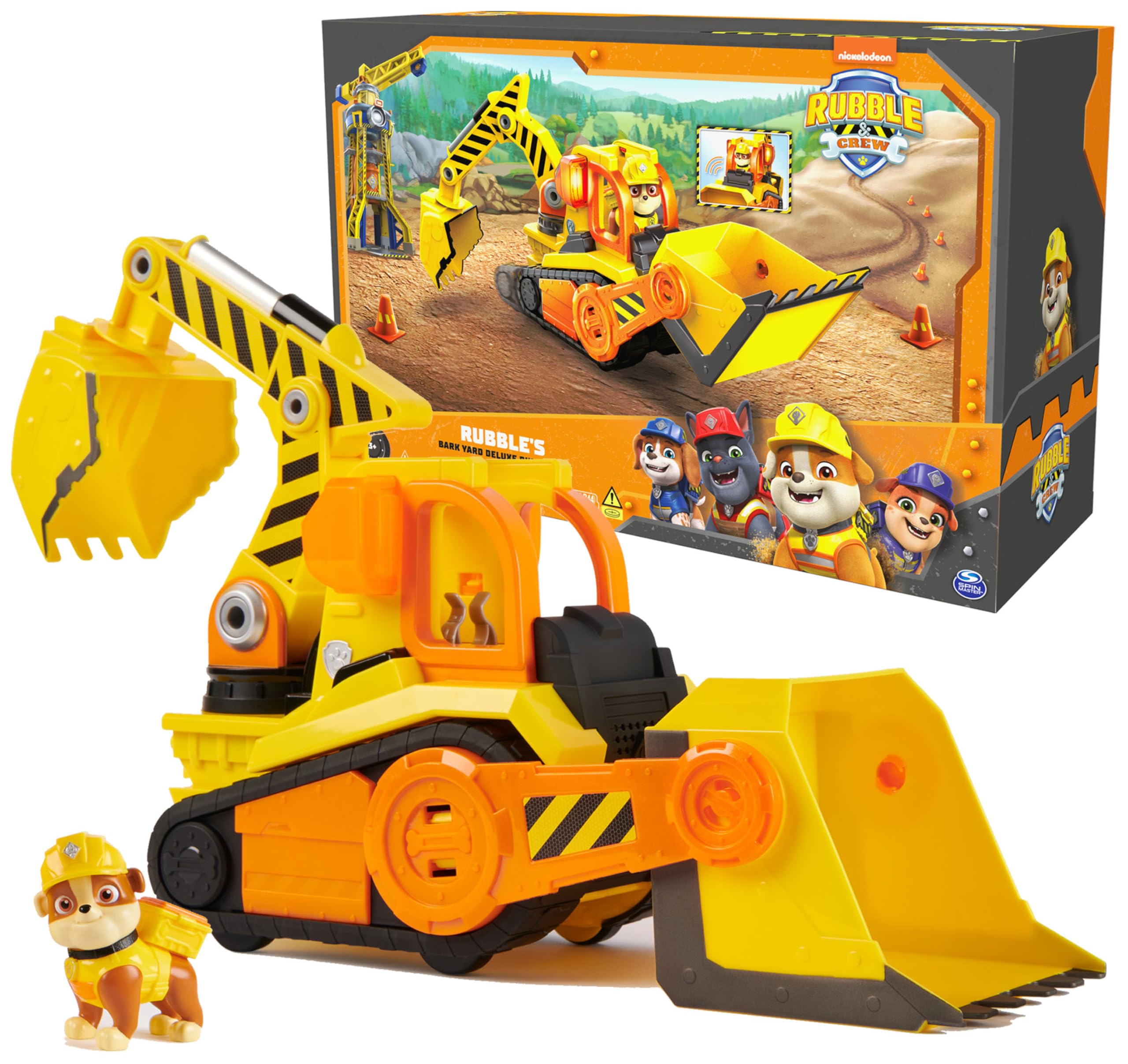 Rubble & Crew Bark Yard Deluxe Bulldozer front view for dynamic pretend play.