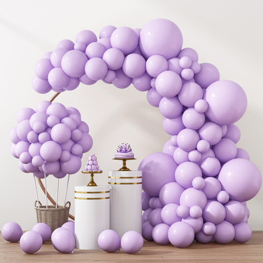 RUBFAC balloon arch kit laid out with pastel purple balloons for a festive backdrop