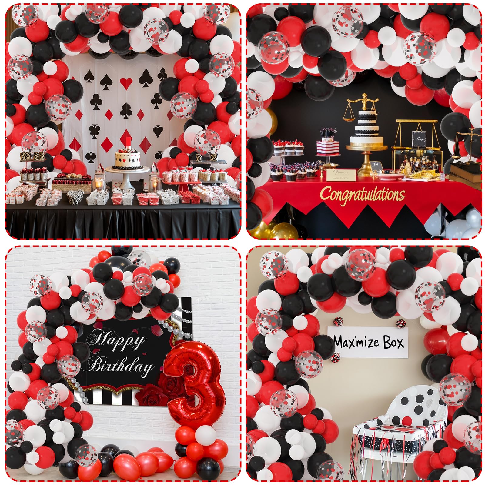 RUBFAC party décor setup featuring a bold red black white arch