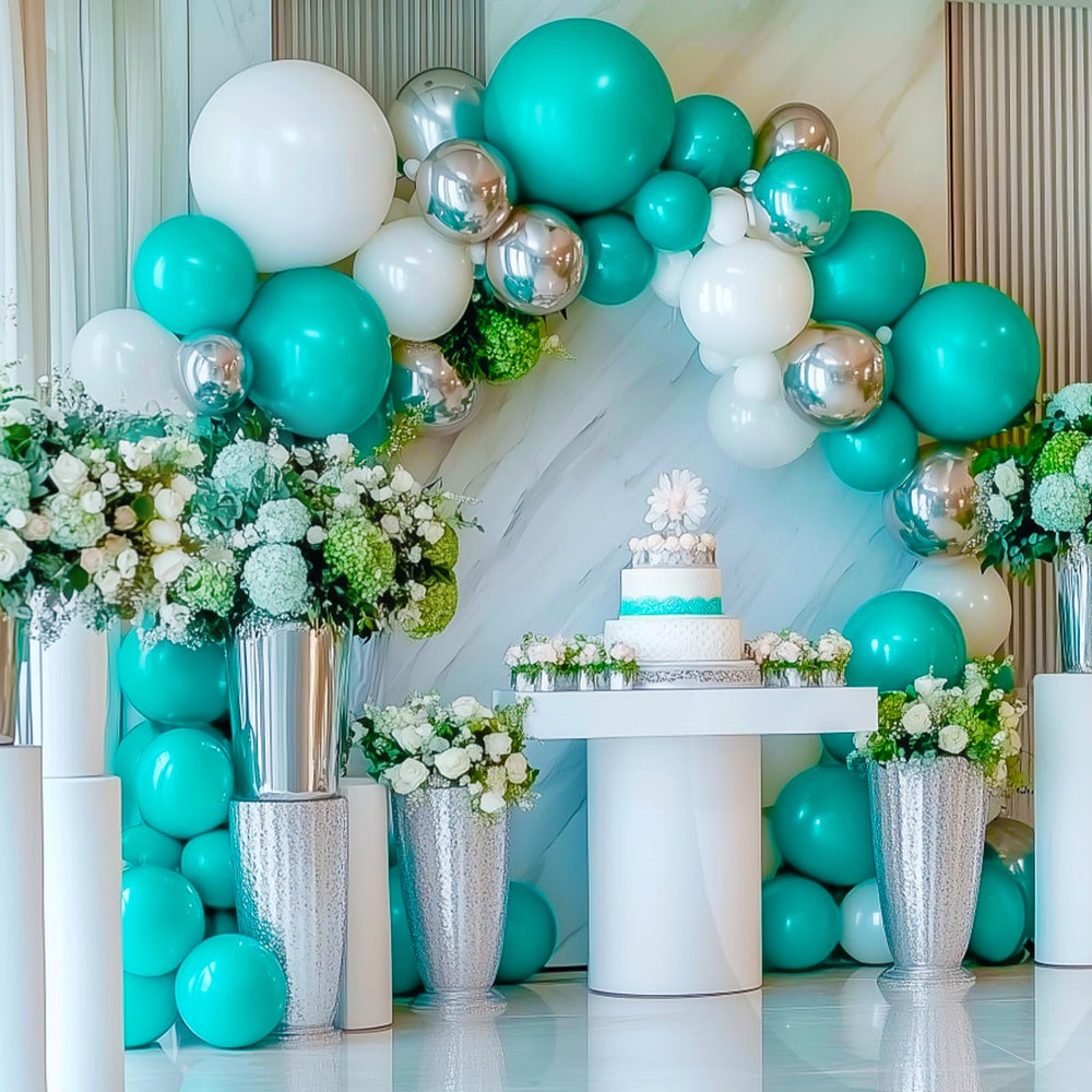 RUBFAC teal balloons arch ideas for festive celebrations.