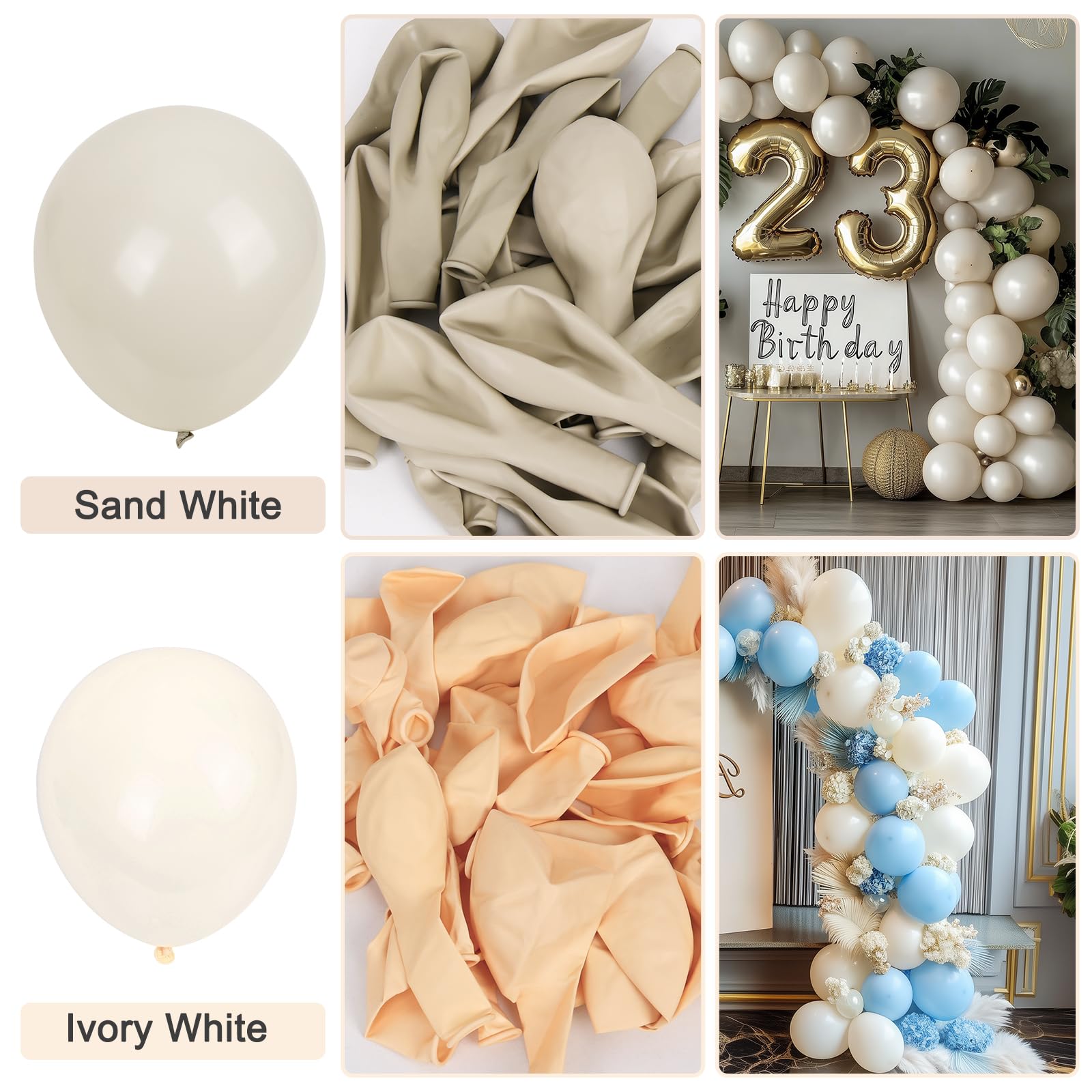 Rubfac arch setup with sand white balloons creating a memorable backdrop