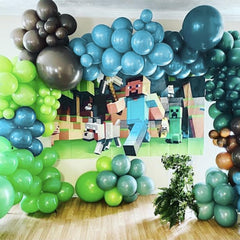 RUBFAC birthday party decor with blue-green balloons