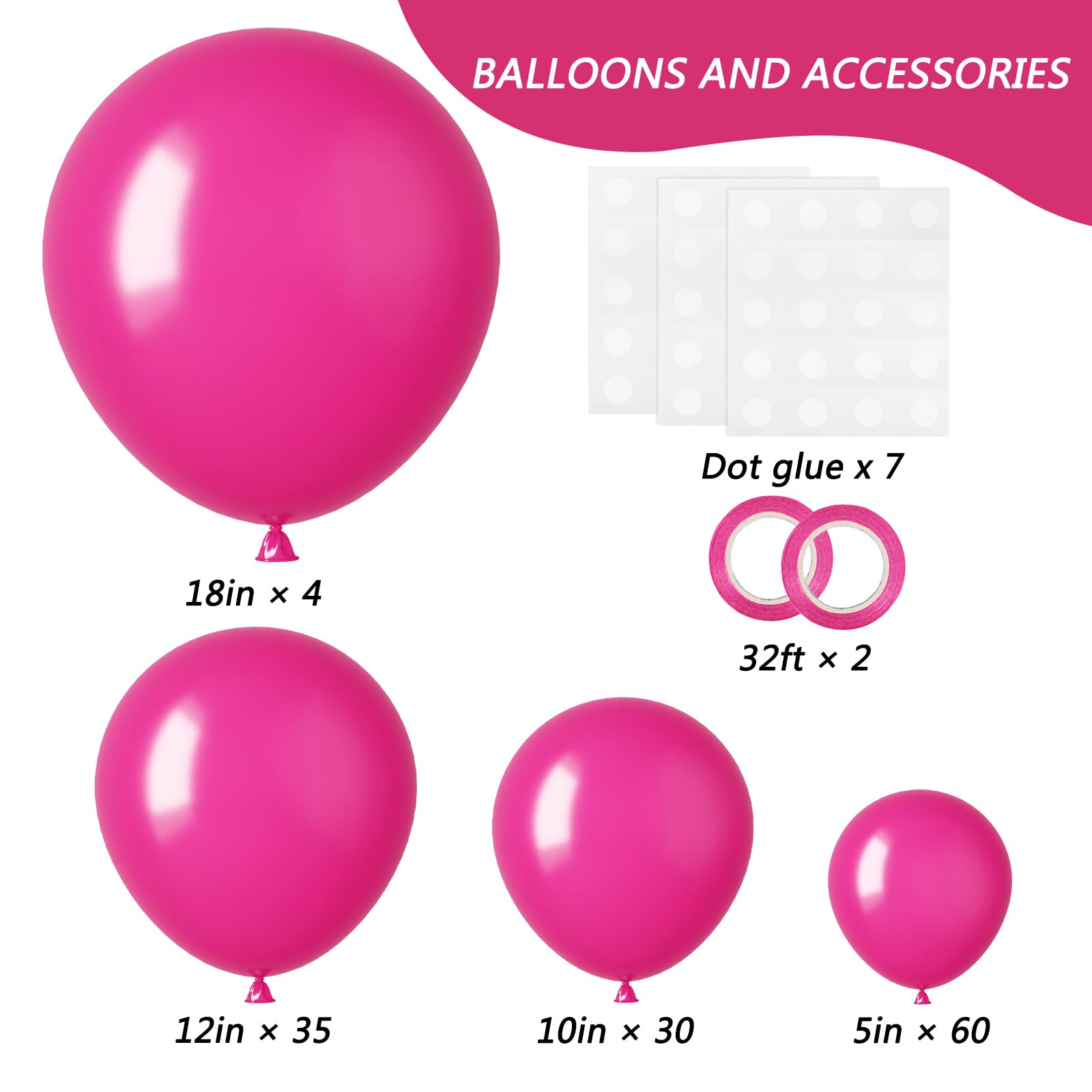 RUBFAC 12-inch magenta pink balloons for scalable garlands and arch decorations.
