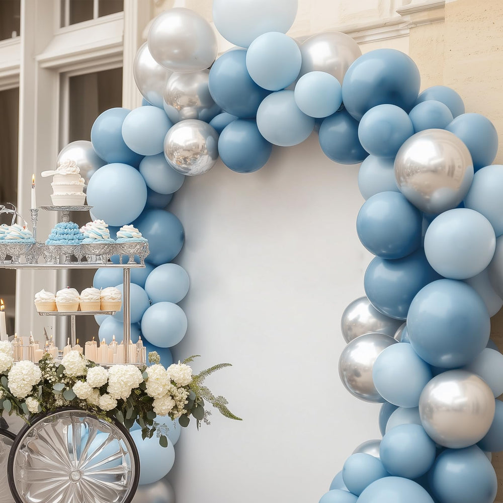 Rubfac haze blue balloons elevate weddings and birthdays with coordinated color.