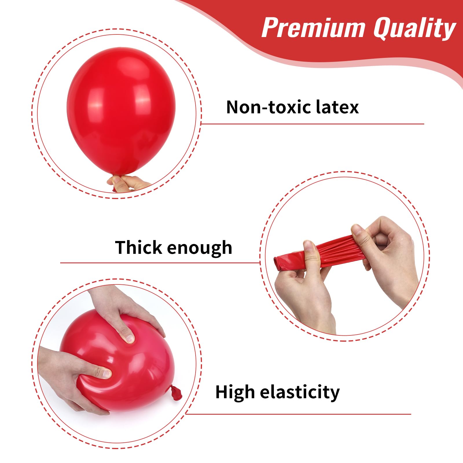 Rubfac red balloons 10-inch ideal for mixed-size decor and arches.