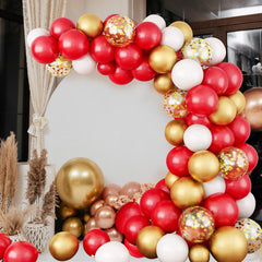 Rubfac red ribbon 33ft enhances arch assembly and presentation.