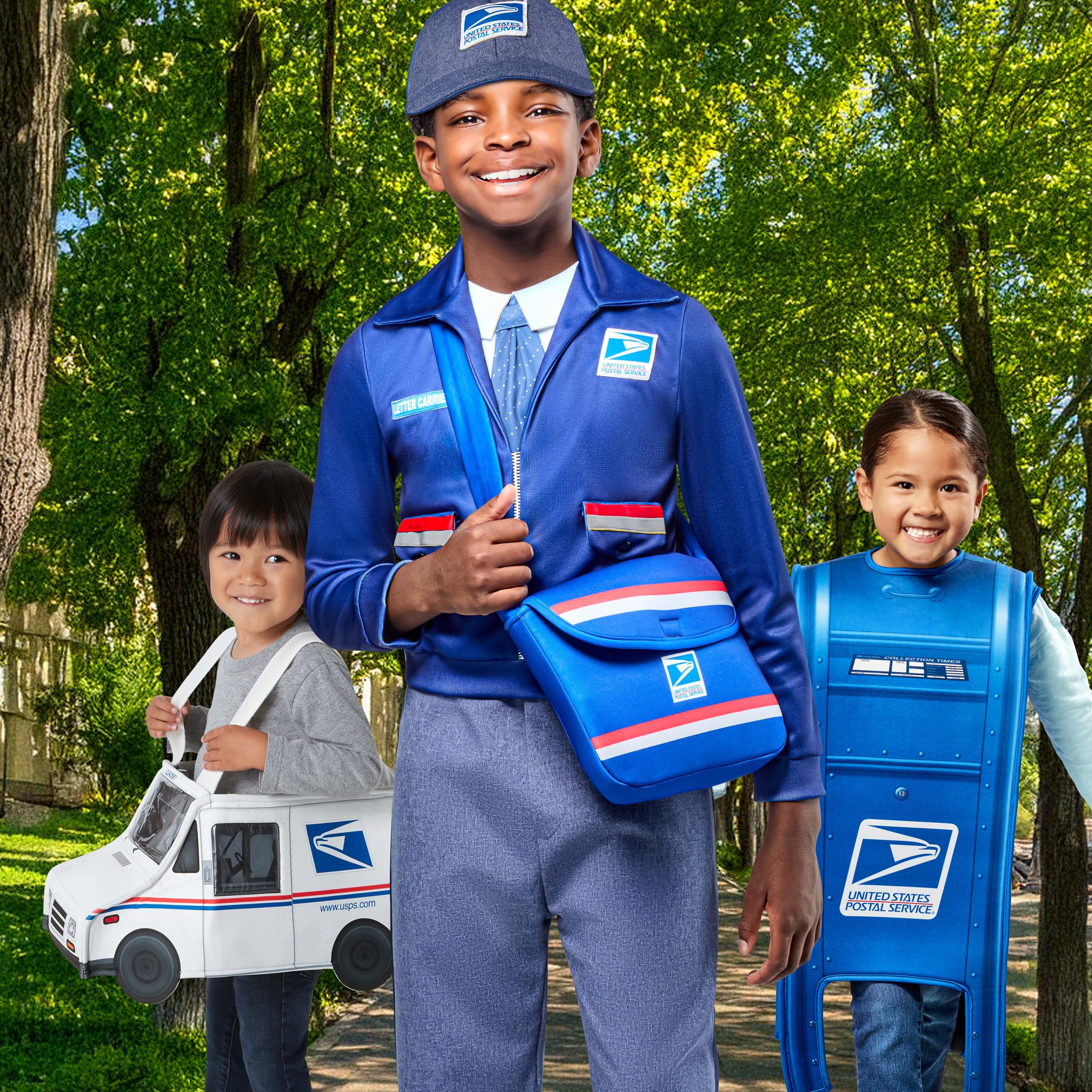 Toddler wearing Rubies USPS costume for playful role-play.