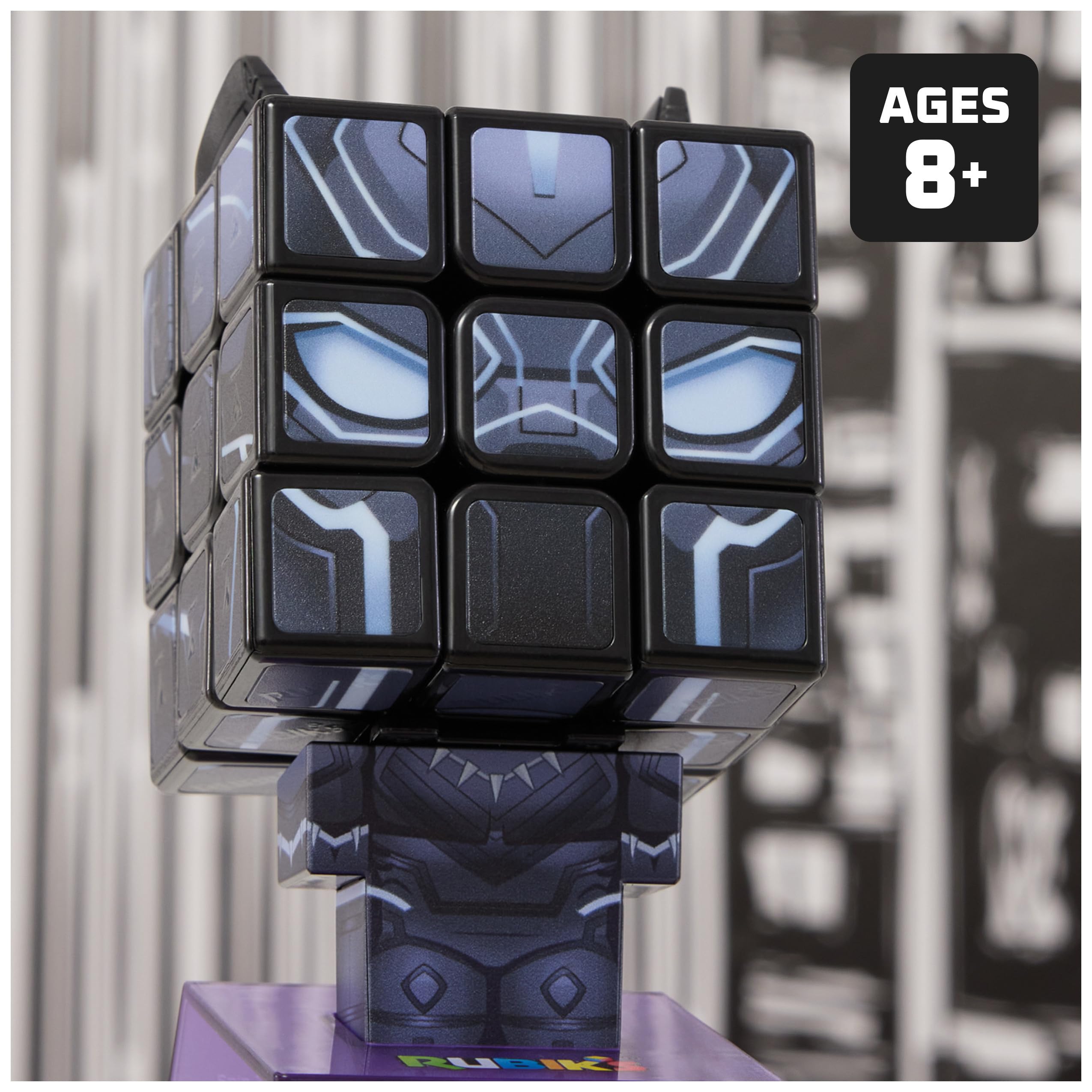 Rubik's Black Panther Cuber solved-face close-up for display and conversation-worthy decor