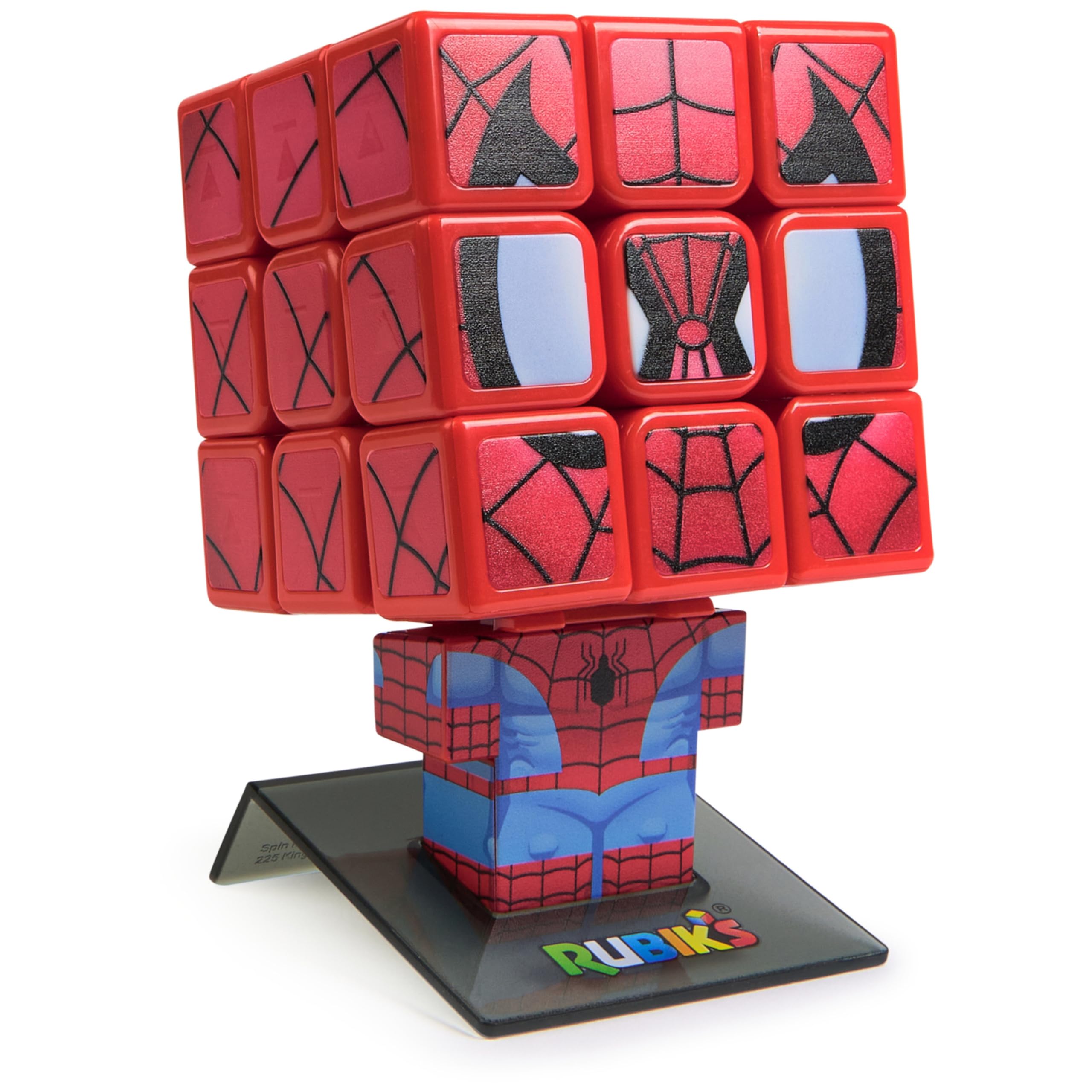 Rubik’s Spider-Man Cuber front view—color faces for solving challenge.