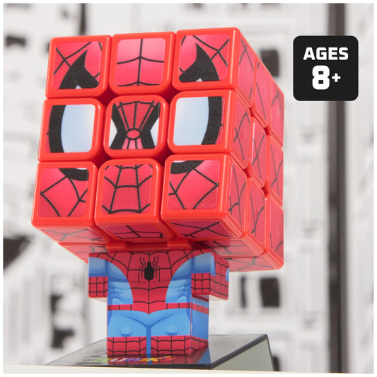 Rubik’s Spider-Man Cuber solved display on a desk, showcasing fandom.