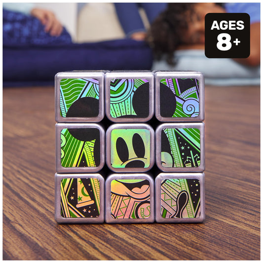 Rubik’s Disney100 Platinum 3x3 cube side angle with Disney imagery, ideal for display as a collectible.