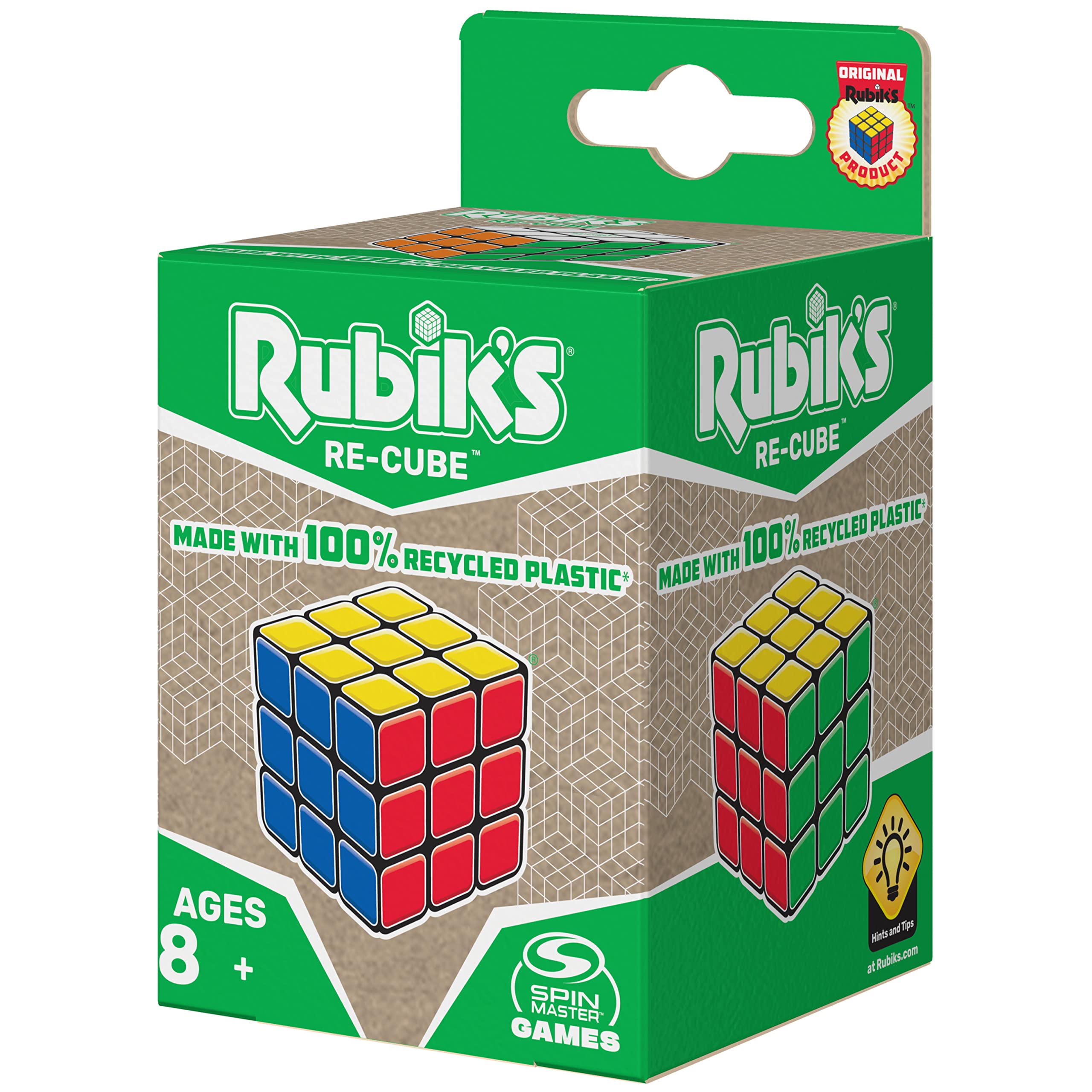 Rubik's Re-Cube 3x3 made from recycled plastic for eco-friendly fun.