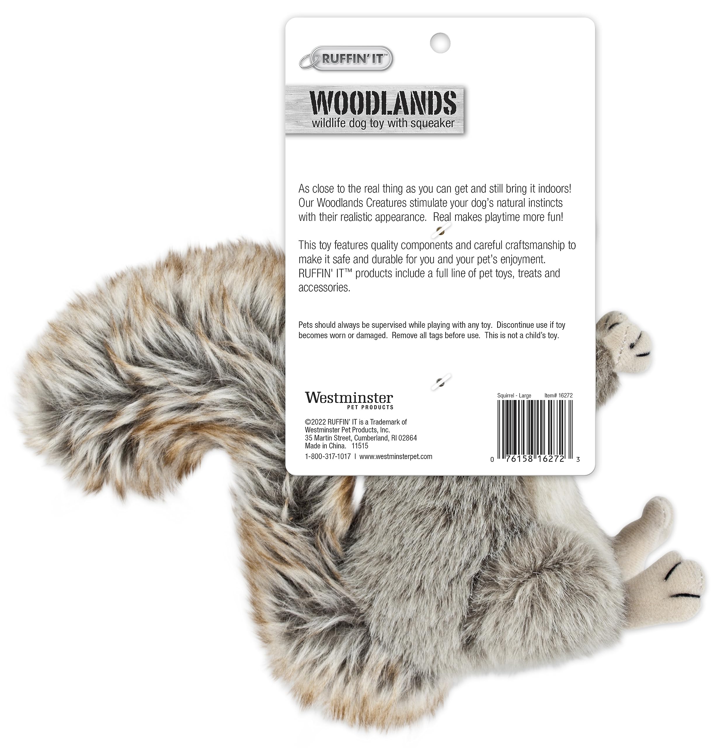 Ruffin' It plush squirrel with squeaker enhances interactive fetch.