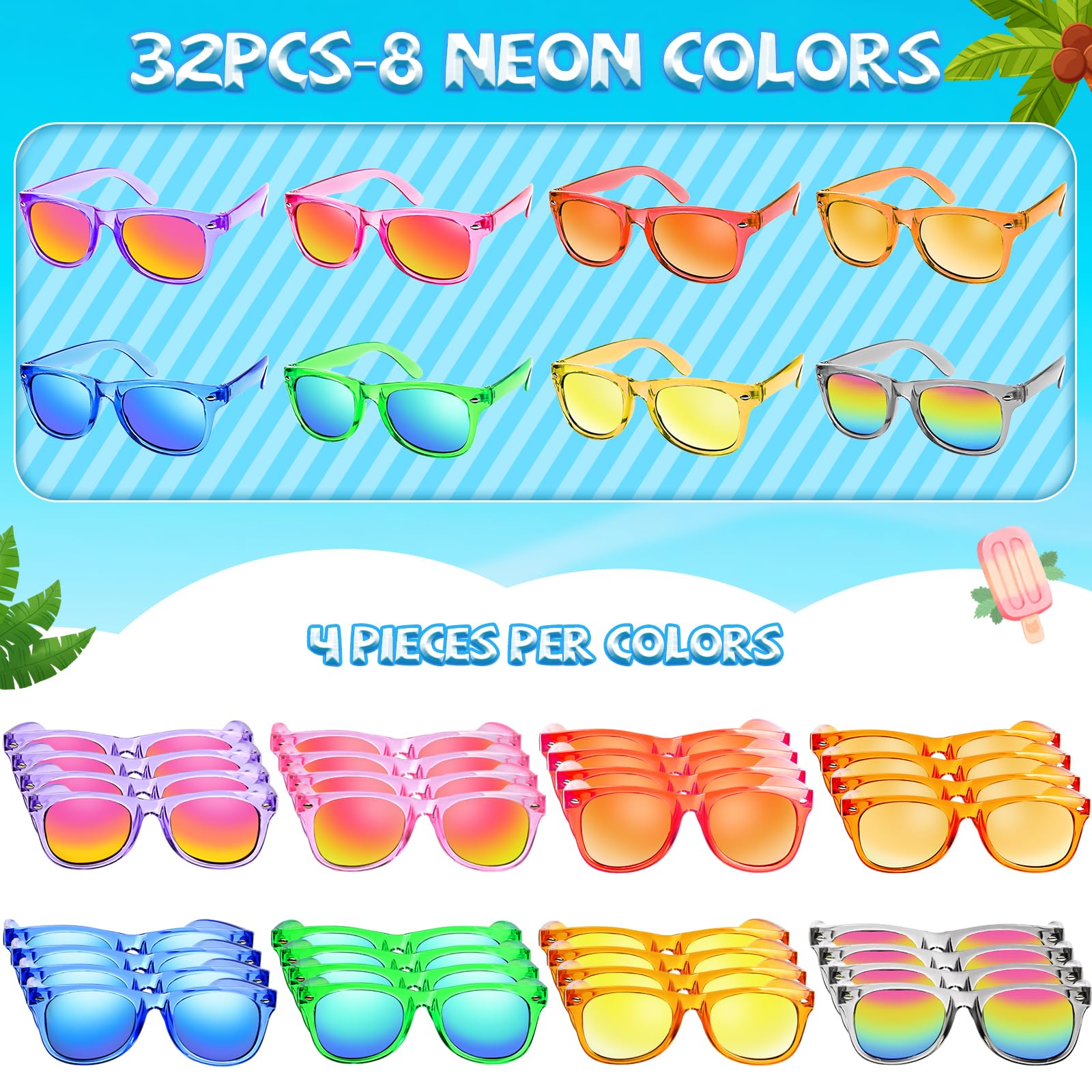 Rugort neon kids sunglasses in eight colors for vibrant party gear.