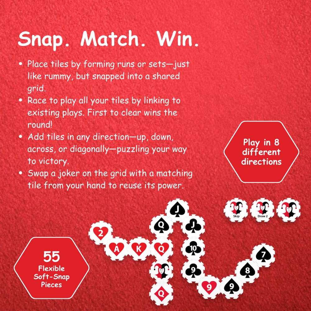 Rummy Snap 2-4 player gameplay shown, ideal for family and friends gatherings.
