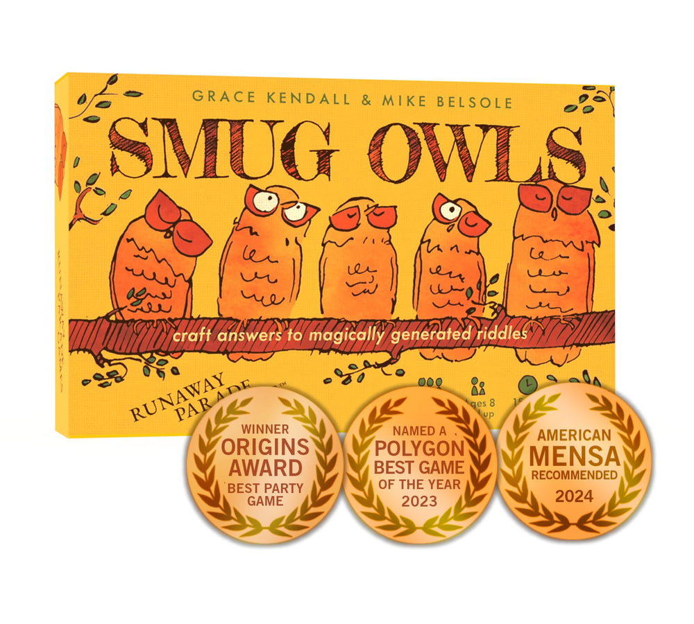 Runaway Parade Smug Owls Card Game box, ready for quick setup at gatherings.