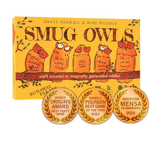 Runaway Parade Smug Owls Card Game box, ready for quick setup at gatherings.