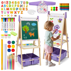 Rundad 3-in-1 easel with dual whiteboard and chalkboard for versatile play.
