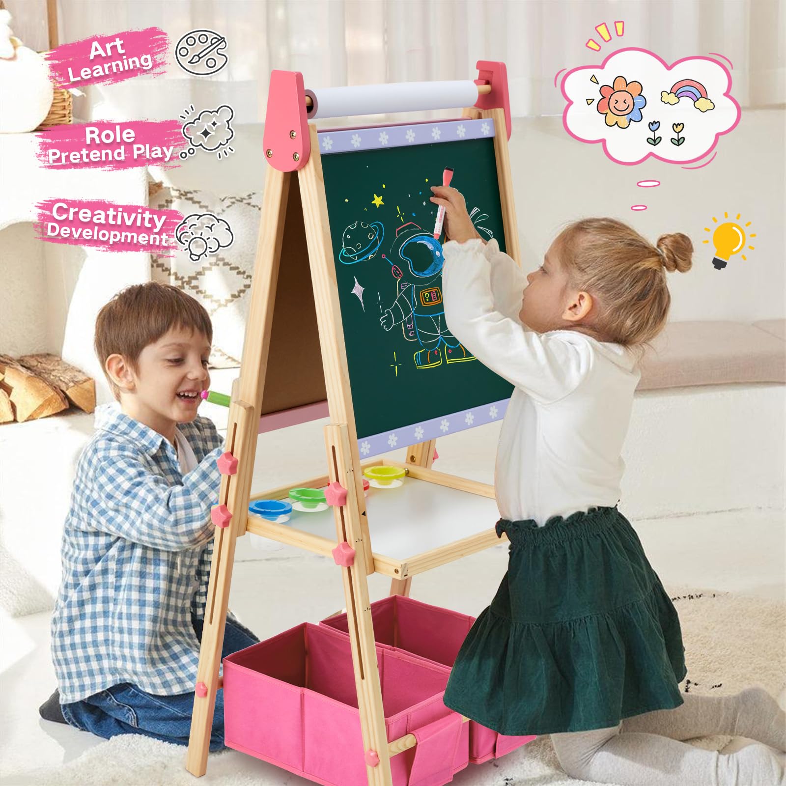 Rundad Easel Painting Area enables watercolor and marker activities with easy cleanup