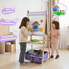 Rundad easel features hooks and storage for brushes and paints.