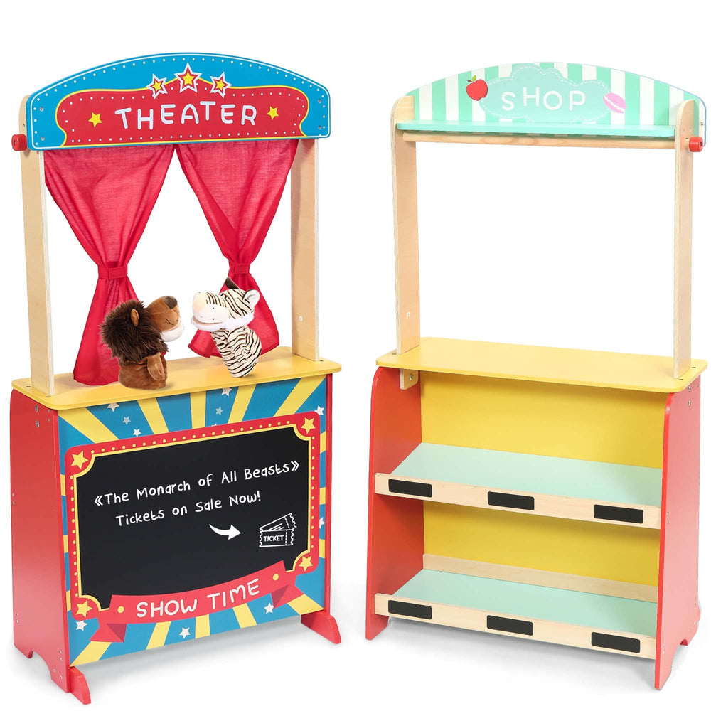 Rundad wooden puppet theater view showing its sturdy stage for imaginative play