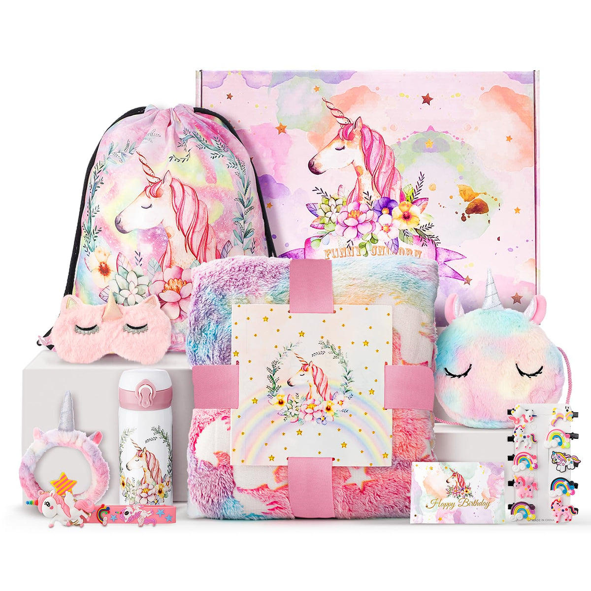 Runeaoys unicorn toy set with glow blanket and bottle for cozy playtime at home.