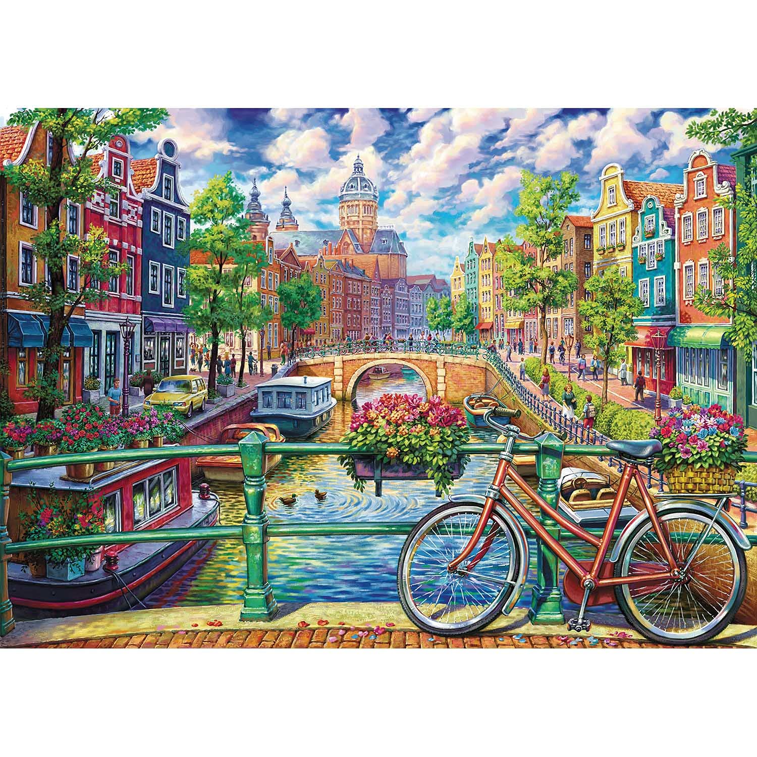 Runlycan Amsterdam Canal 1000-piece puzzle with box view, ideal for family puzzle nights.