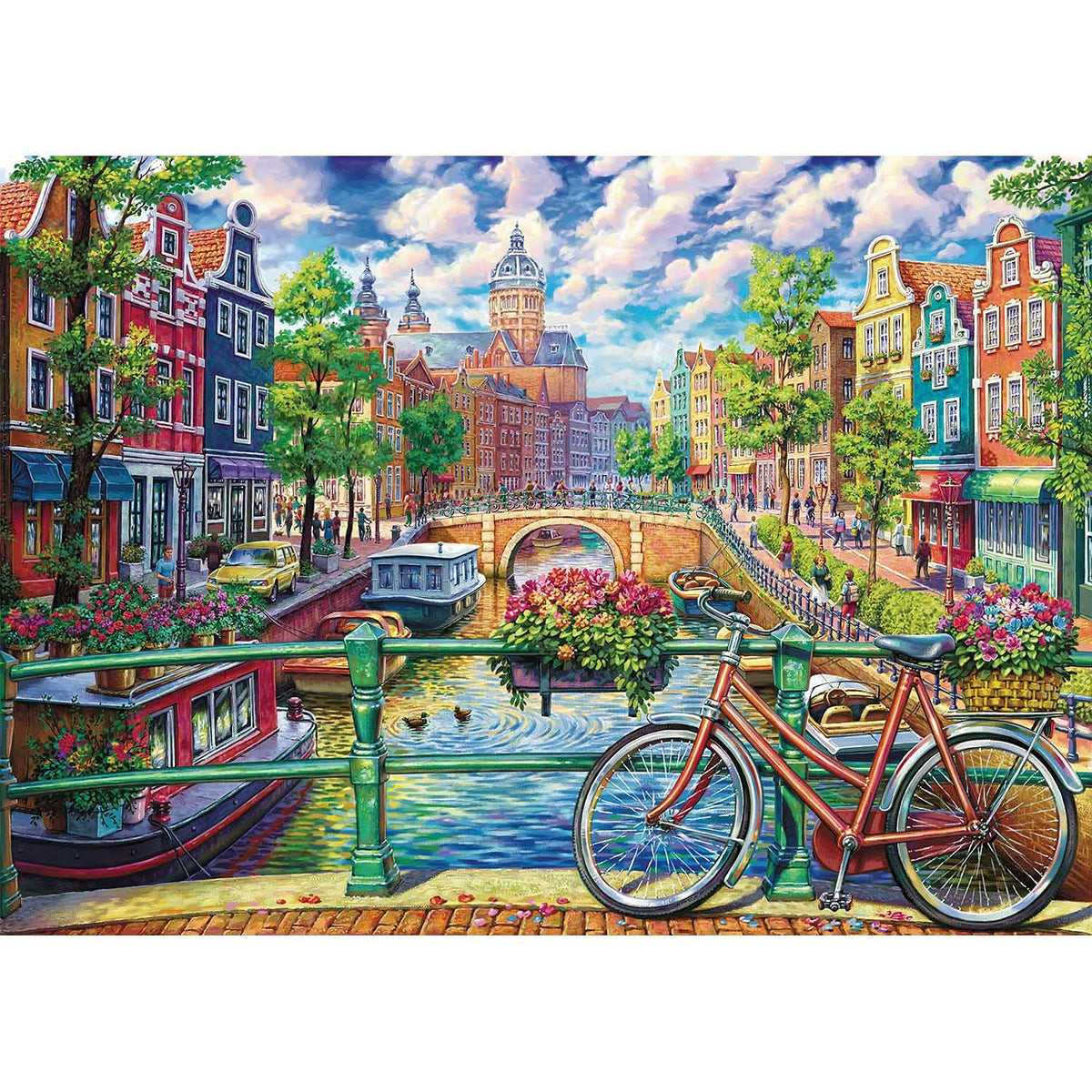 Runlycan Amsterdam Canal 1000-piece puzzle with box view, ideal for family puzzle nights.