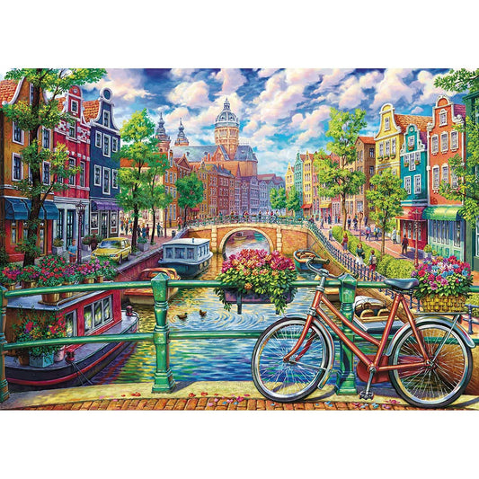 Runlycan Amsterdam Canal 1000-piece puzzle with box view, ideal for family puzzle nights.