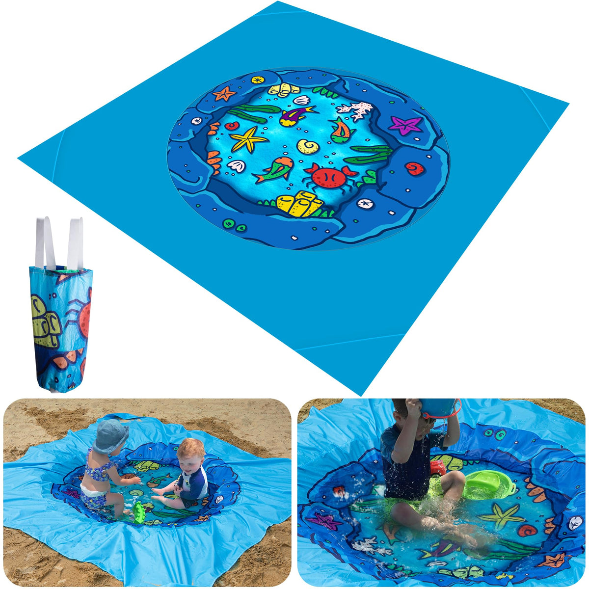 RunNico beach pool setup showing a kid-friendly play area with water-filled center for outdoor summer fun.